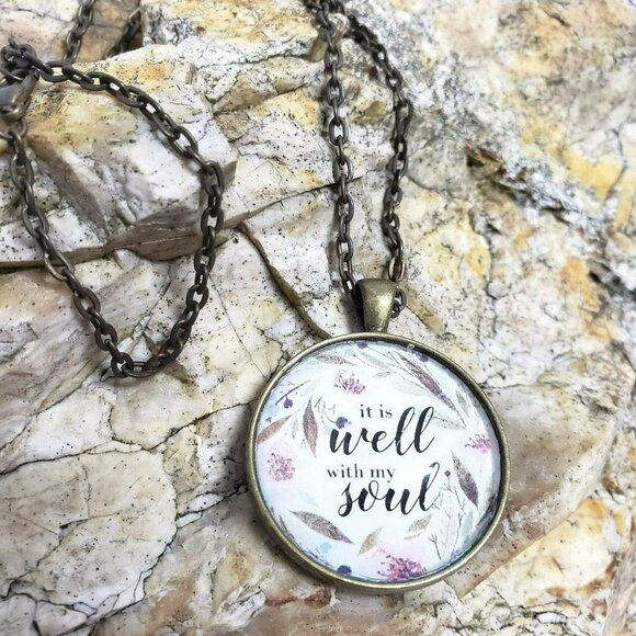 𝅺BOHO Antique Gold Necklace  It is Well with My Soul Necklace Mid Length - Picture 1 of 6